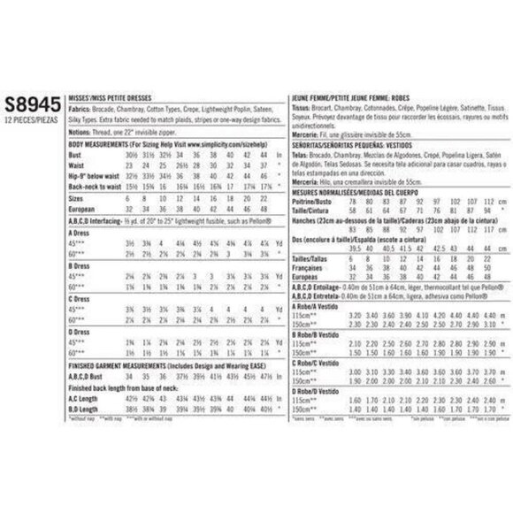 Simplicity Sewing Pattern 8945 / 10248 Misses Dress Size 6-14 Petite - Picture 2 of 3